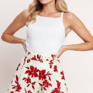 Red/Cream Floral Printed Short with Scalloped Edge