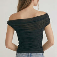 Black Ruched Mesh Off Shoulder Top
