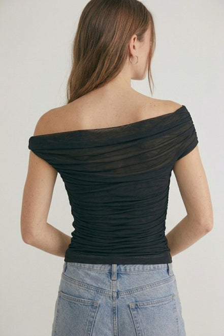 Black Ruched Mesh Off Shoulder Top