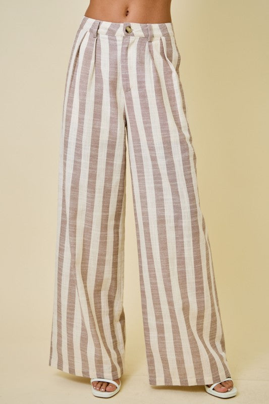 Mocha/Ivory Striped Bandeau Top & Wide-Leg Pant Set