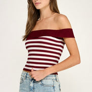 Burgundy Off Shoulder Stripe Knit Top