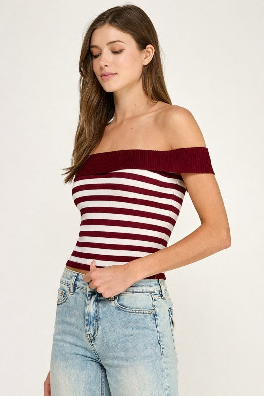 Burgundy Off Shoulder Stripe Knit Top