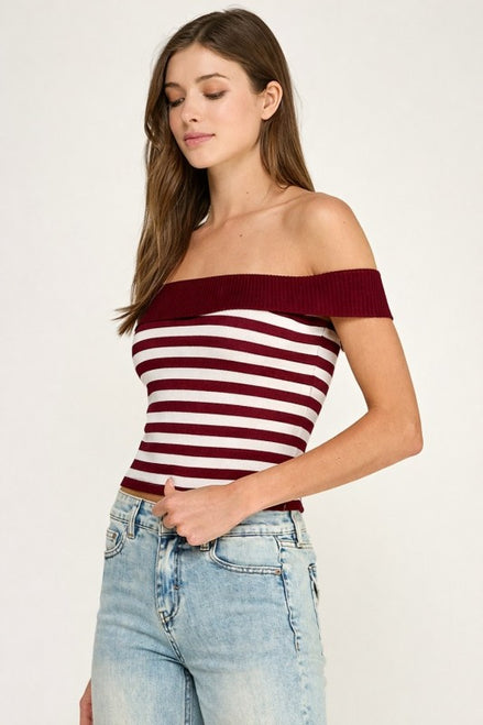 Burgundy Off Shoulder Stripe Knit Top