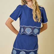 Navy Embroidered Shells Contrast Cropped Top and Mini Skirt Set