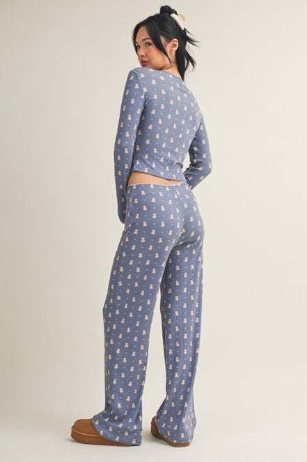 Crewneck Teddy Bear Print Pointelle Lounge Set