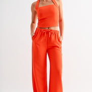 Smocked Halter Top and Relaxed Tie-waist Wide Leg Pants Set