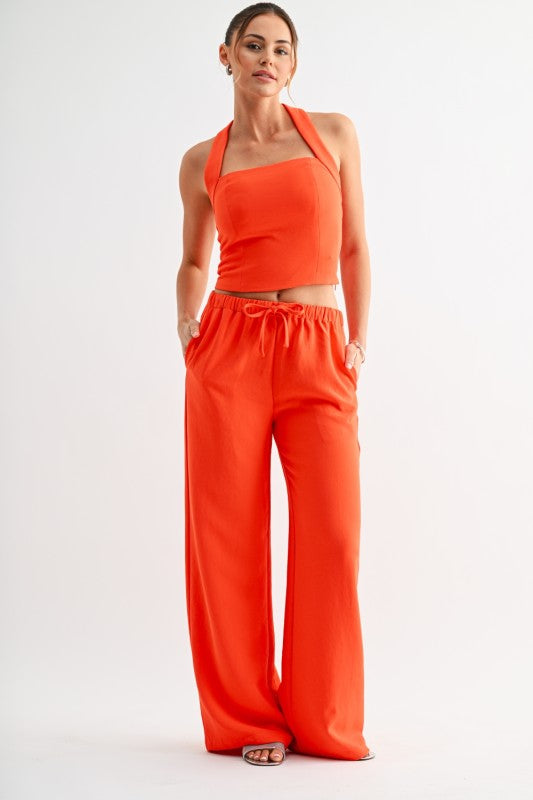 Smocked Halter Top and Relaxed Tie-waist Wide Leg Pants Set