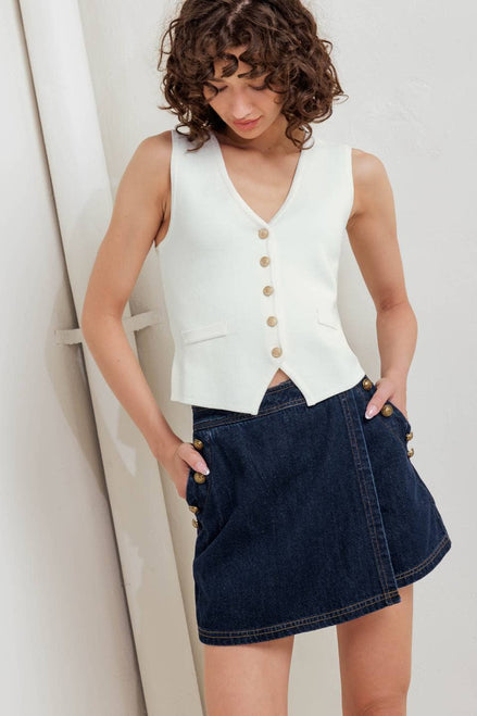 White Solid Button Sweater Top