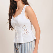 White Embroidered Eyelet Sweetheart Button Down Top