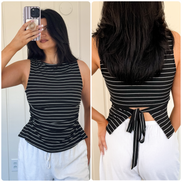 Black/Ivory Stripe Boat Neck Front Side Ruching Back Ribbon Tie Detail Top