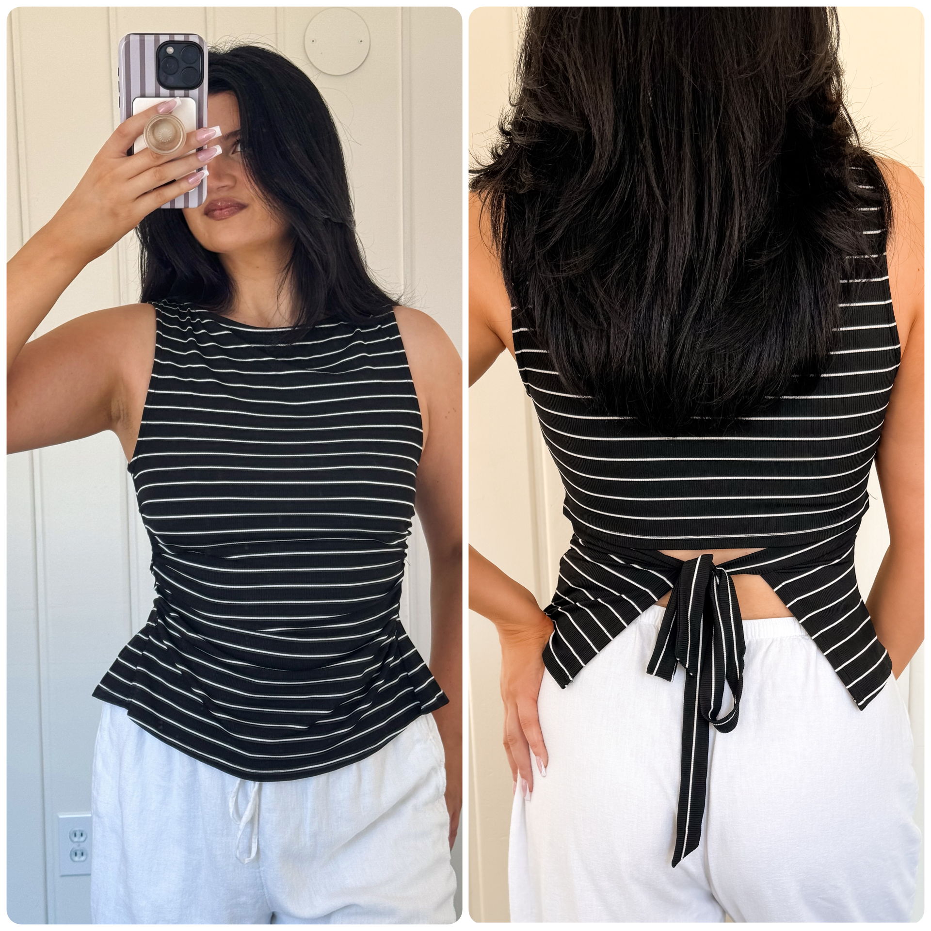 Black/Ivory Stripe Boat Neck Front Side Ruching Back Ribbon Tie Detail Top