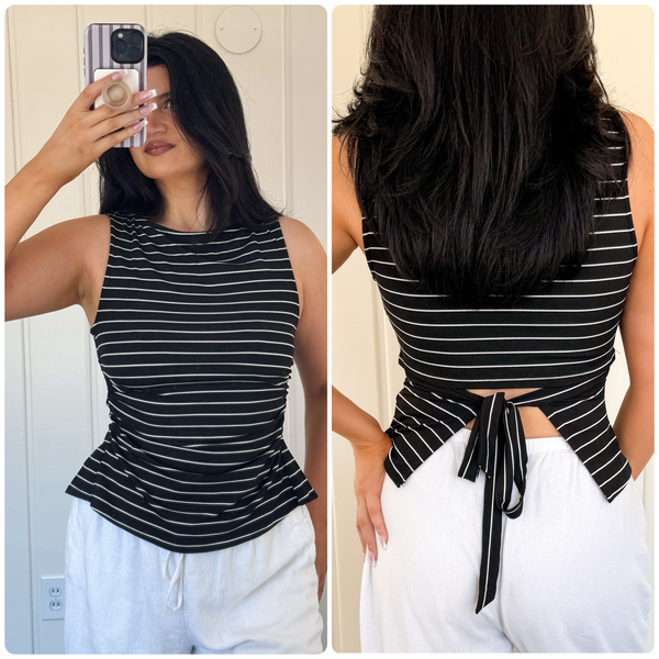 Black/Ivory Stripe Boat Neck Front Side Ruching Back Ribbon Tie Detail Top