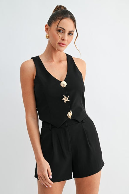 Shell Button Vest Short Set
