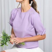 Bow Design Puff Sleeve Crew Neck Knitted Sweater Top