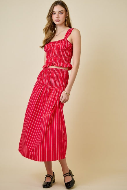 Red Striped Poplin Smocked Top & Flowy Midi Skirt Set
