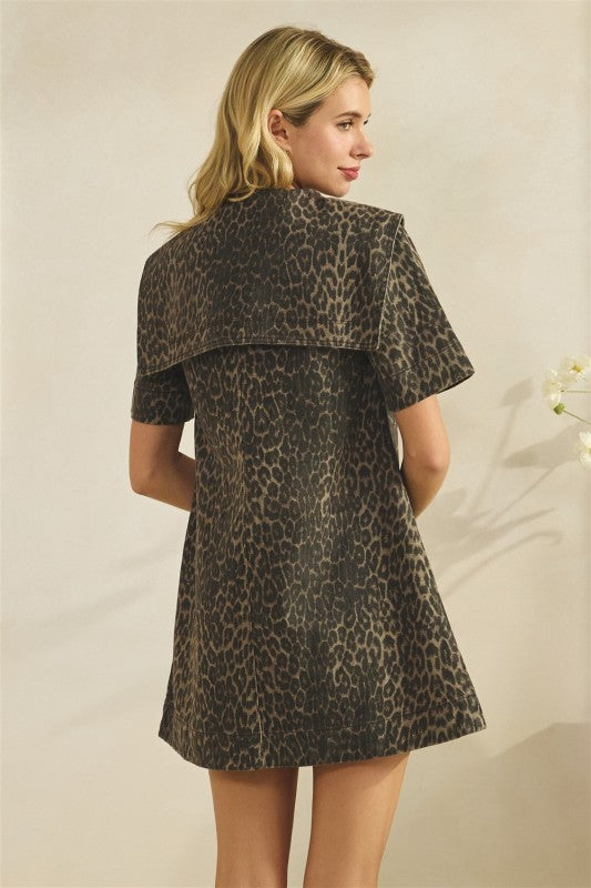 Brown Collared Leopard Printed Denim Mini Dress