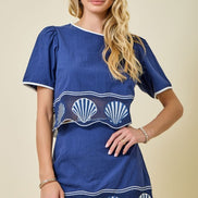 Navy Embroidered Shells Contrast Cropped Top and Mini Skirt Set