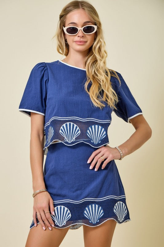 Navy Embroidered Shells Contrast Cropped Top and Mini Skirt Set