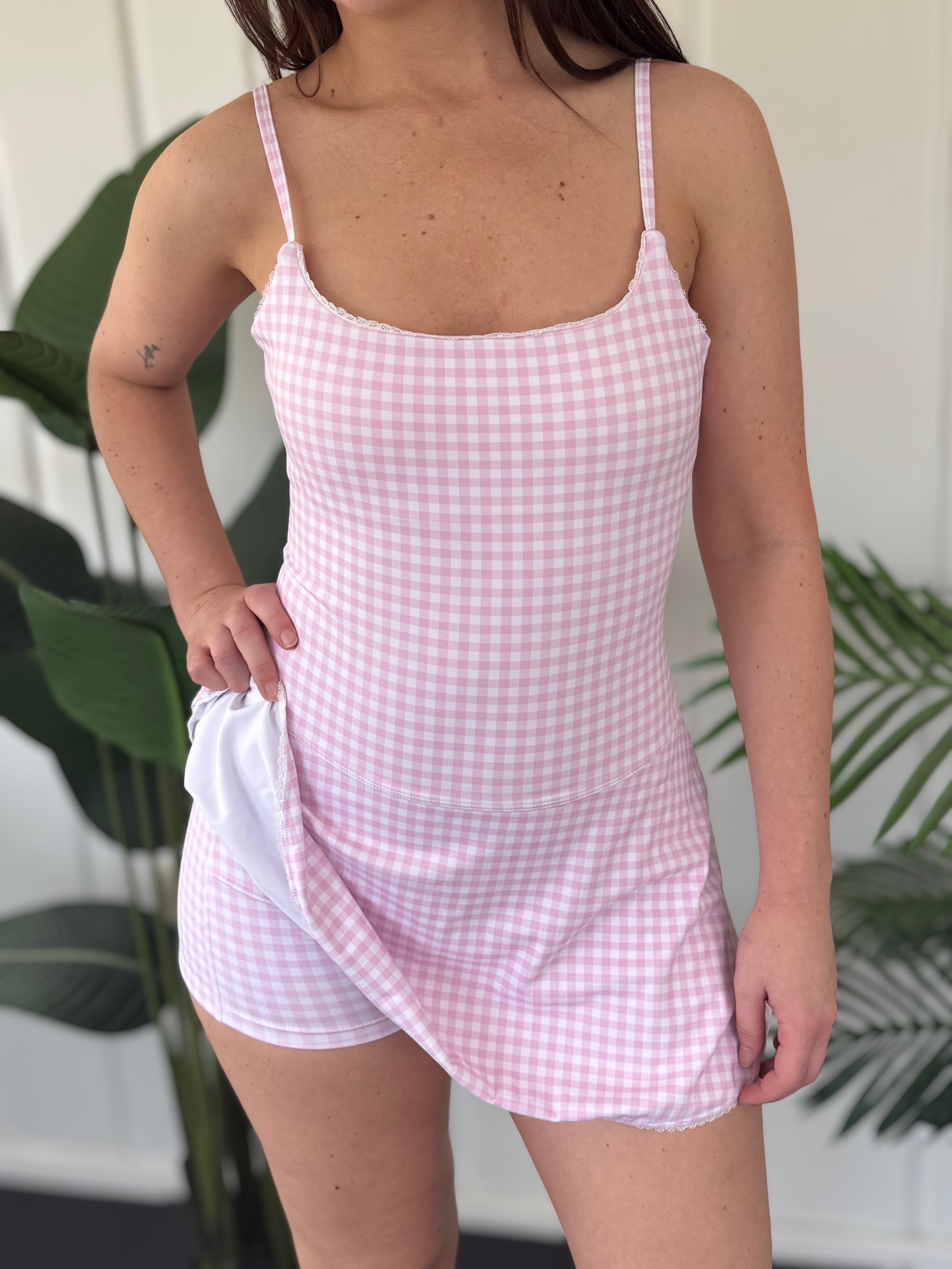 Pink Gingham Lace Trim Ruffle Mini Dress