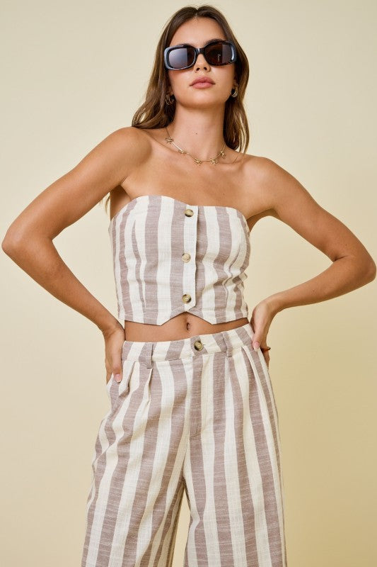 Mocha/Ivory Striped Bandeau Top & Wide-Leg Pant Set
