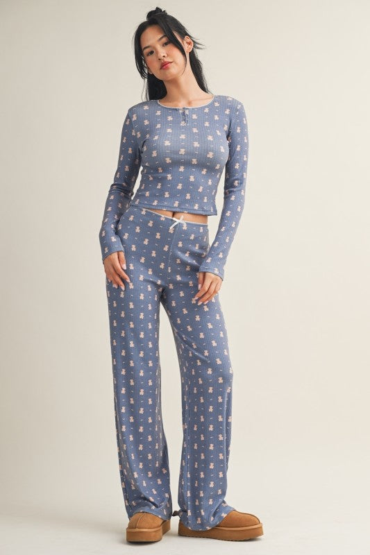 Crewneck Teddy Bear Print Pointelle Lounge Set