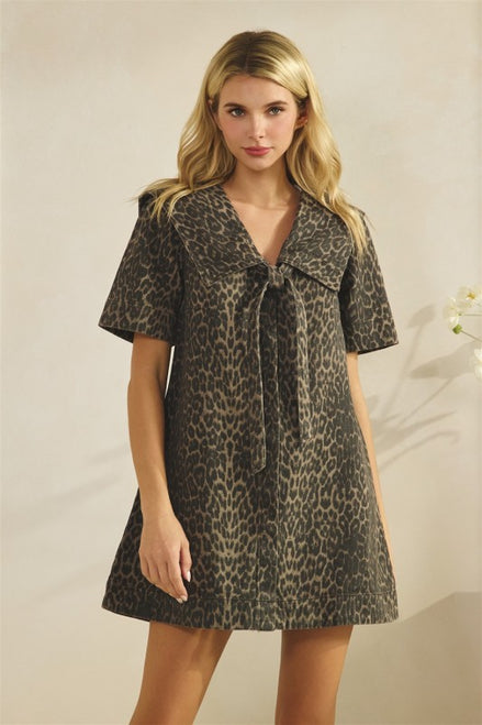 Brown Collared Leopard Printed Denim Mini Dress