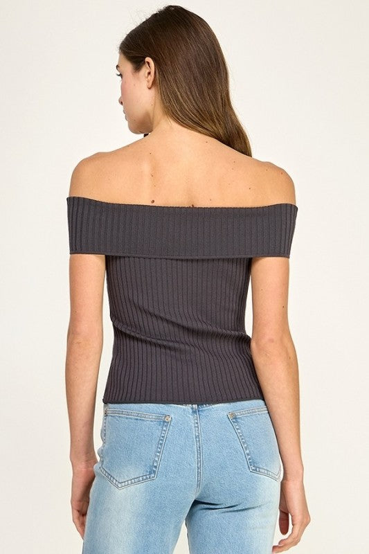 Charcoal Soft Rib Off Shoulder Top