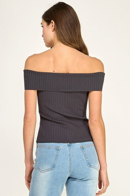Charcoal Soft Rib Off Shoulder Top
