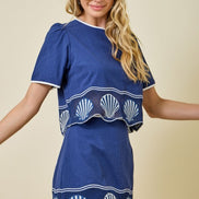 Navy Embroidered Shells Contrast Cropped Top and Mini Skirt Set