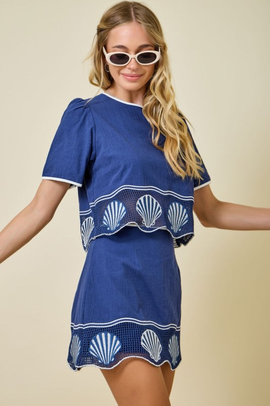 Navy Embroidered Shells Contrast Cropped Top and Mini Skirt Set