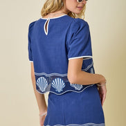 Navy Embroidered Shells Contrast Cropped Top and Mini Skirt Set