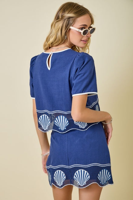 Navy Embroidered Shells Contrast Cropped Top and Mini Skirt Set