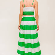 Green/White Striped Sweetheart Neckline Top and Skirt Set