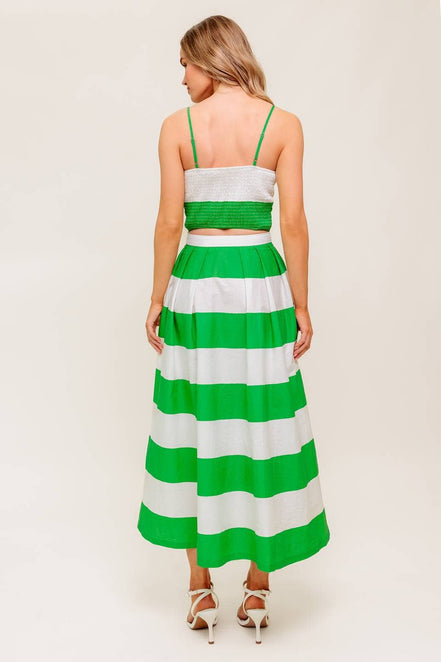 Green/White Striped Sweetheart Neckline Top and Skirt Set
