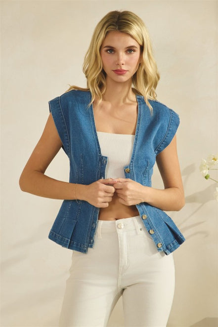 Button Down Peplum Denim Vest Top