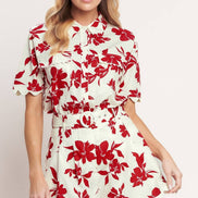 Red/Cream Floral Printed Short with Scalloped Edge