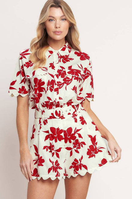 Red/Cream Floral Printed Short with Scalloped Edge