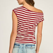 Burgundy Stripe Draped Asymmetric Top