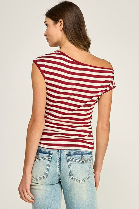 Burgundy Stripe Draped Asymmetric Top