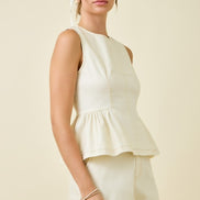 Cream Sleeveless Peplum & Stitch Denim High Waisted Short Set