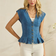 Button Down Peplum Denim Vest Top