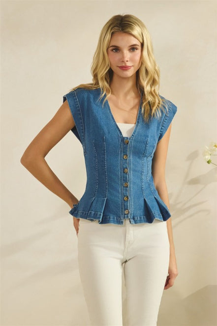Button Down Peplum Denim Vest Top