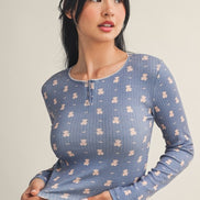 Crewneck Teddy Bear Print Pointelle Lounge Set