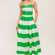 Green/White Striped Sweetheart Neckline Top and Skirt Set