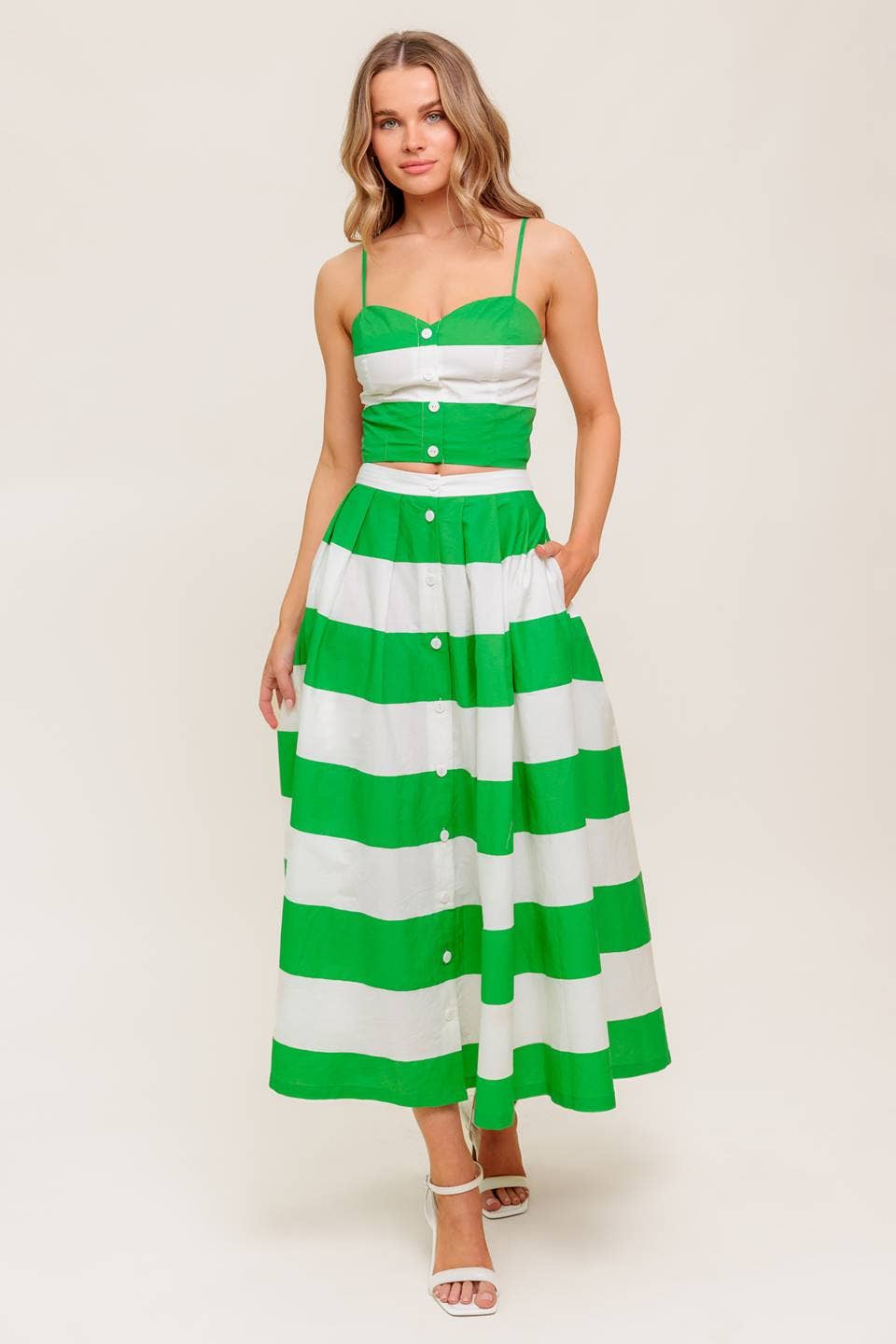 Green/White Striped Sweetheart Neckline Top and Skirt Set