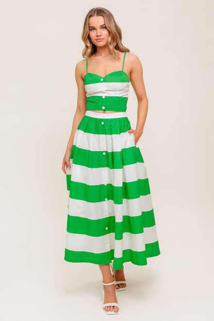 Green/White Striped Sweetheart Neckline Top and Skirt Set