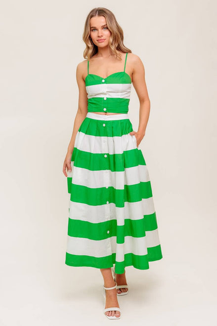 Green/White Striped Sweetheart Neckline Top and Skirt Set