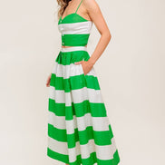 Green/White Striped Sweetheart Neckline Top and Skirt Set