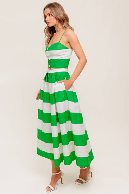 Green/White Striped Sweetheart Neckline Top and Skirt Set