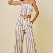 Mocha/Ivory Striped Bandeau Top & Wide-Leg Pant Set